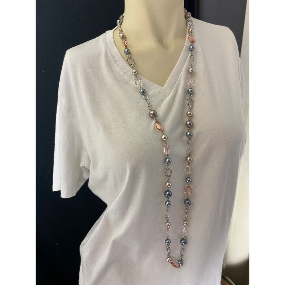 Long Multi Color Pearl Bead Necklace Pink Blue Silver Tone Illusion Style